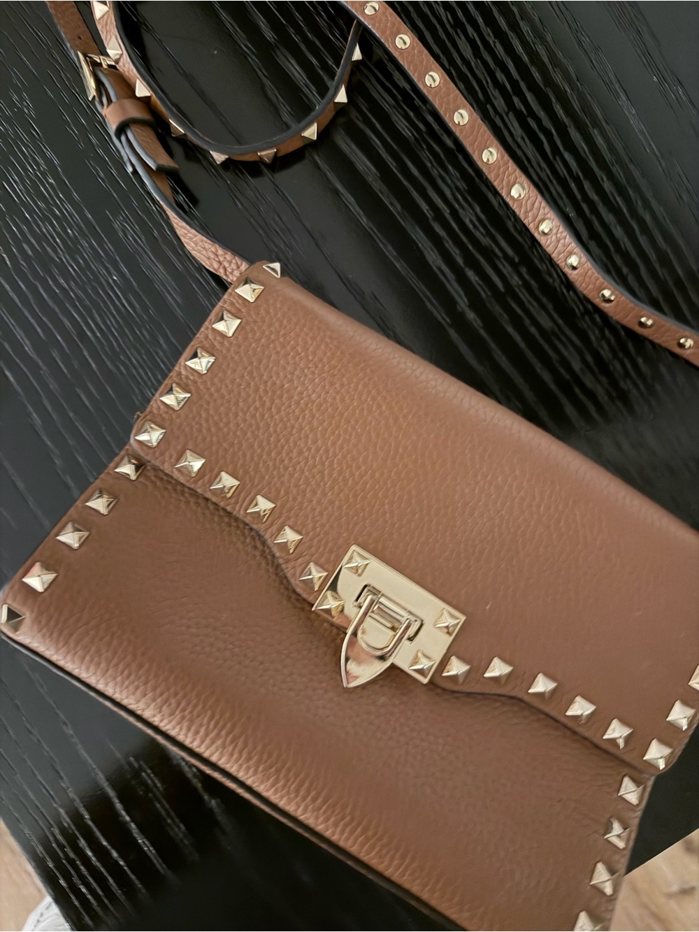 Valentino Brown Pebbled Leather Studded Crossbody Bag